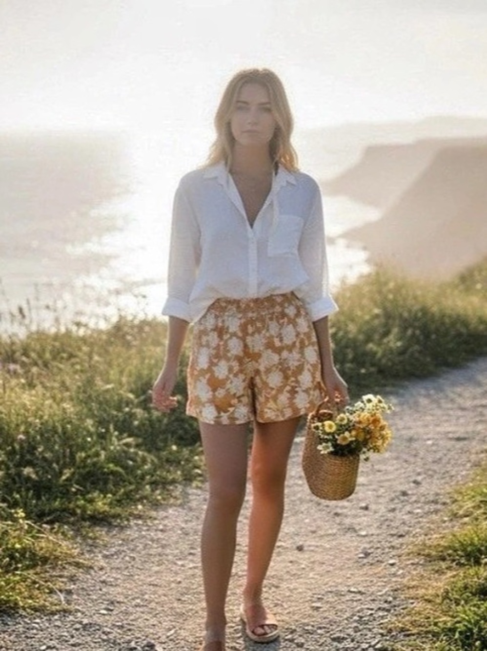BRIGGS Floral High Waist Shorts in Orange & White Size Medium